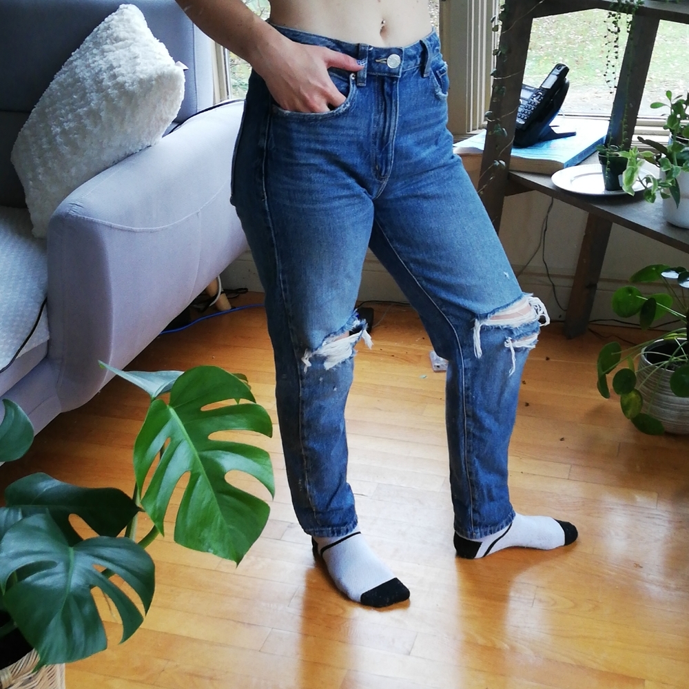 Distressed blue mom jeans